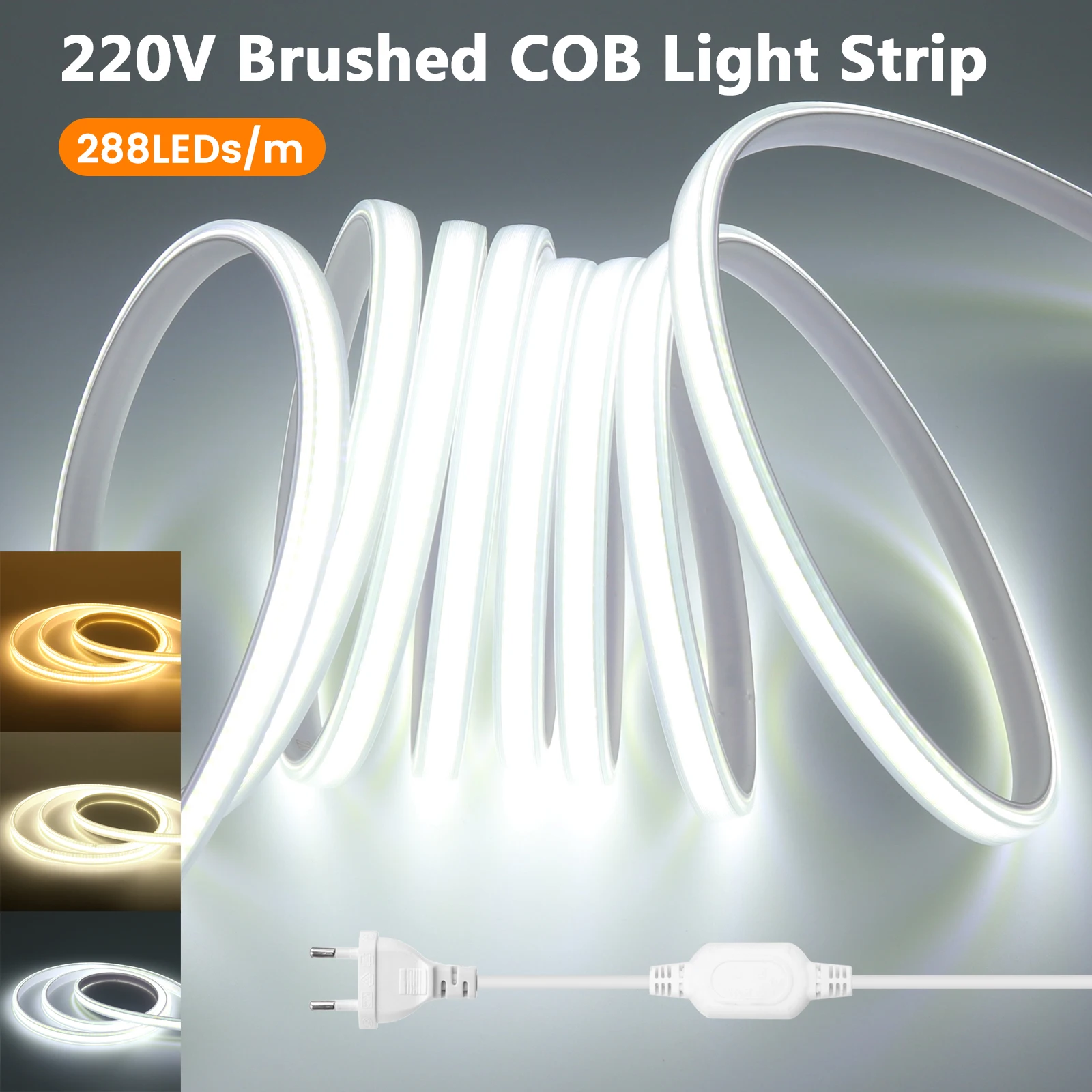 AC 110V 220V COB LED Neon Strip Light Warm Natural White With US EU Plug Flexible Tube Super Bright 288LED/m Waterproof 0.5m 25m