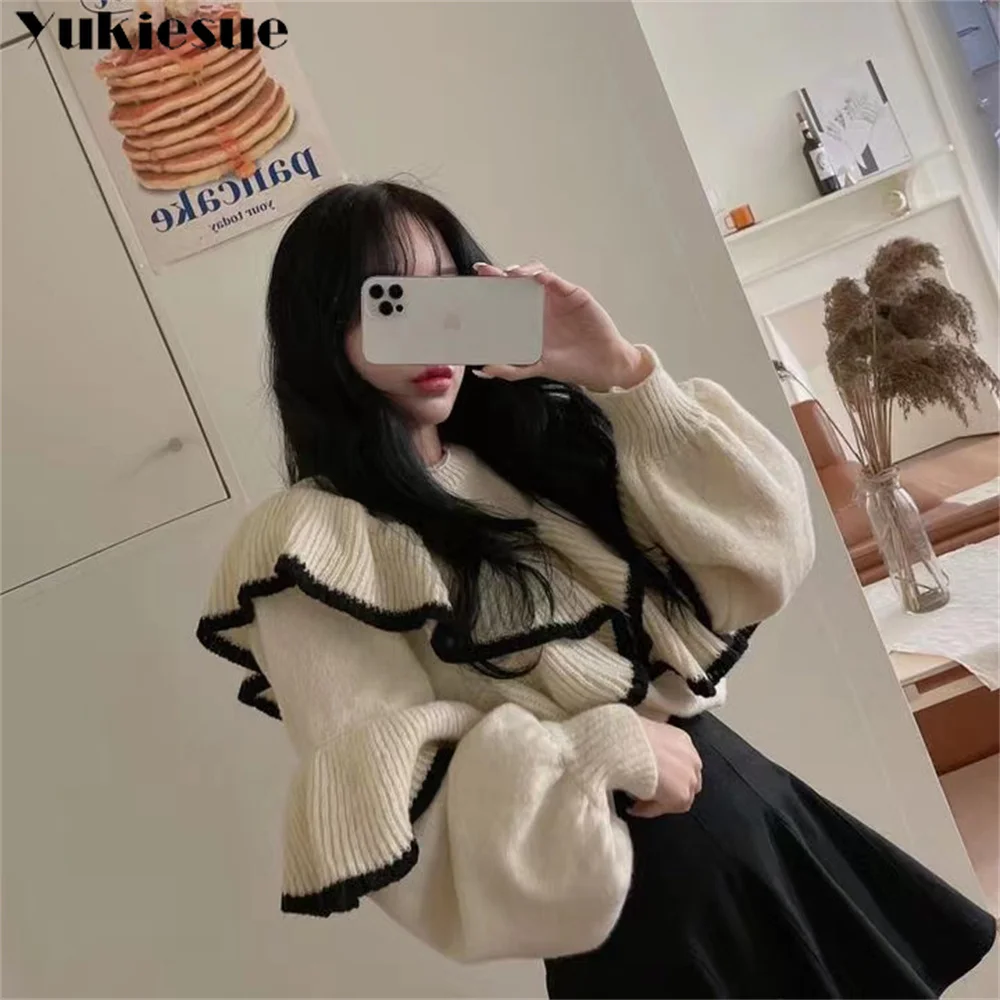 Ruffled Black Knitted Sweater Women Fashion Vintage Lantern Sleeve Female Elegant Cardigan Chic Retro Knitwear Korean Sweet Coat