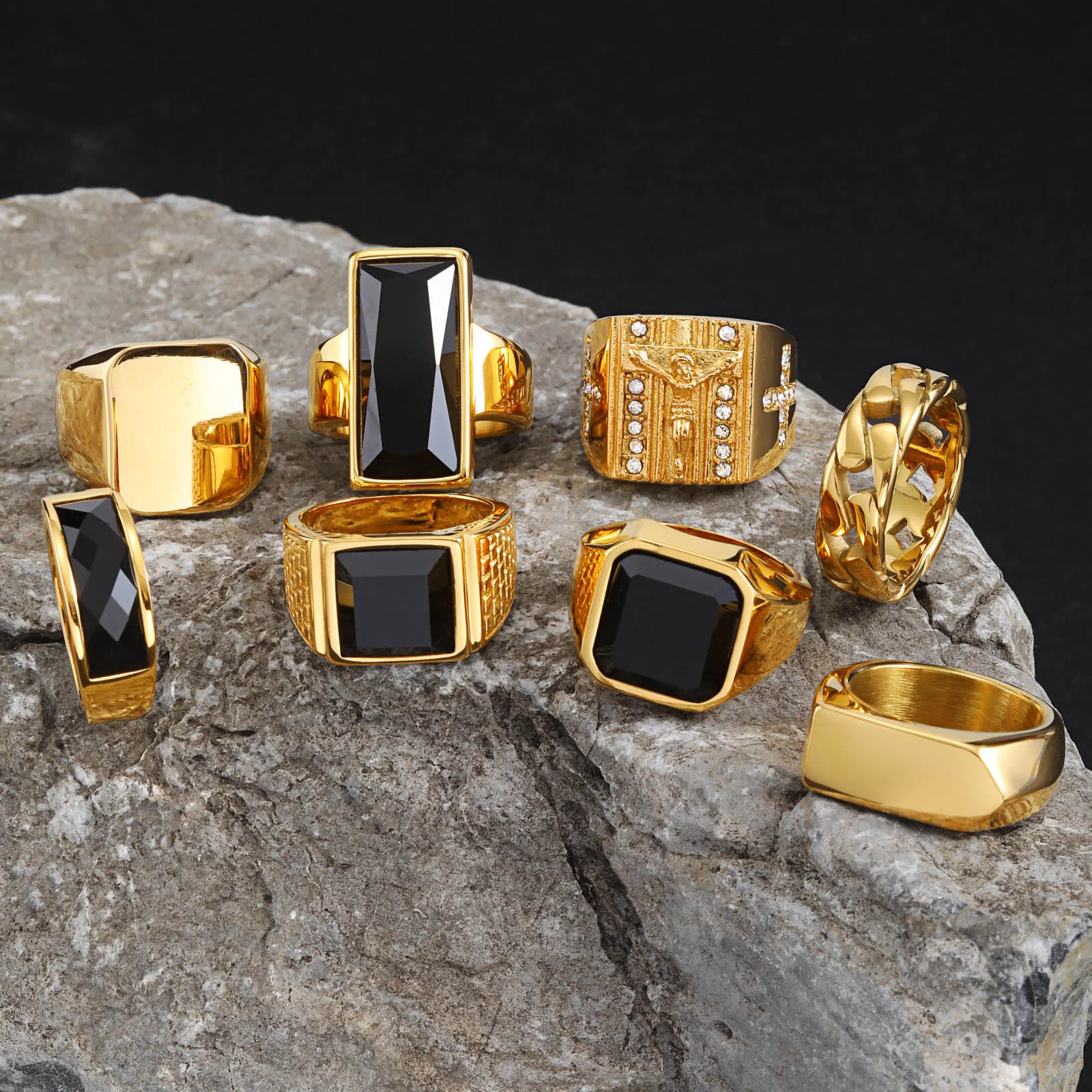 Bagues chevalières Vintage Punk en acier inoxydable pour hommes, bagues épaisses en pierre naturelle géométrique, bijoux de doigt rétro à la mode taille 7-13