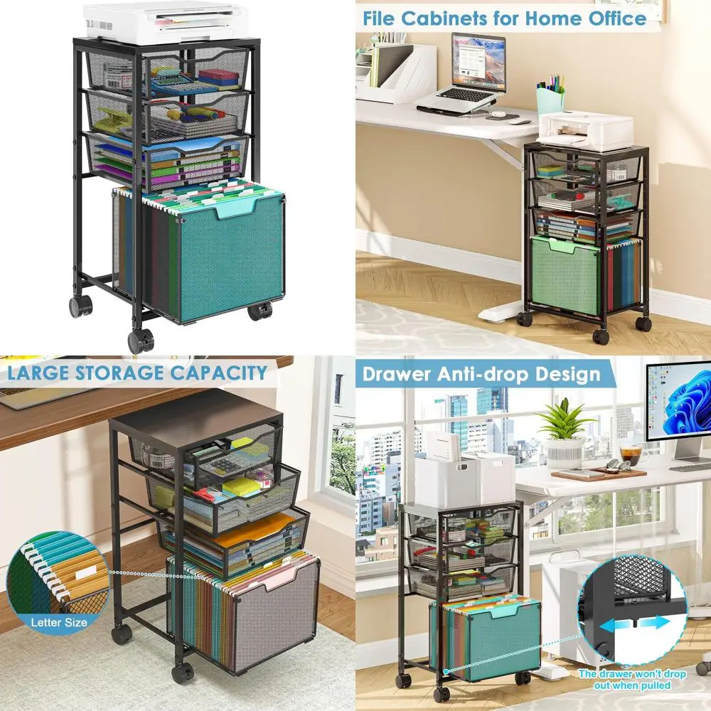 

4-Drawer Rolling Cart with Under-Desk Mobile Storage Cabinet, Home Office Hanging Organizer Utility Cart Printer Stand, Black