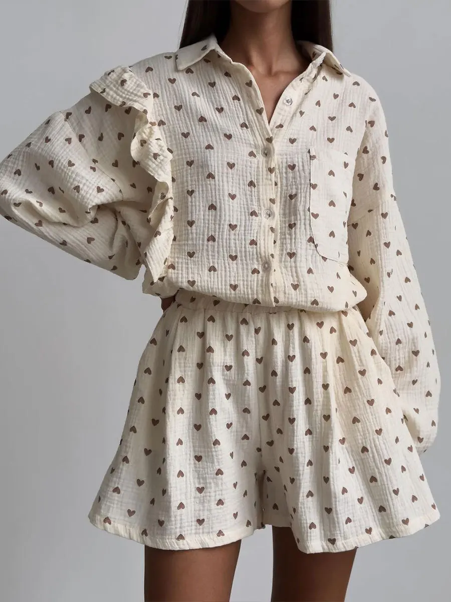 Heart Pattern Long Sleeve Blouse Short with Pocket Two Piece Set Fashion Cotton Linen Ruffle Shirt Shorts for Women Summer Suit