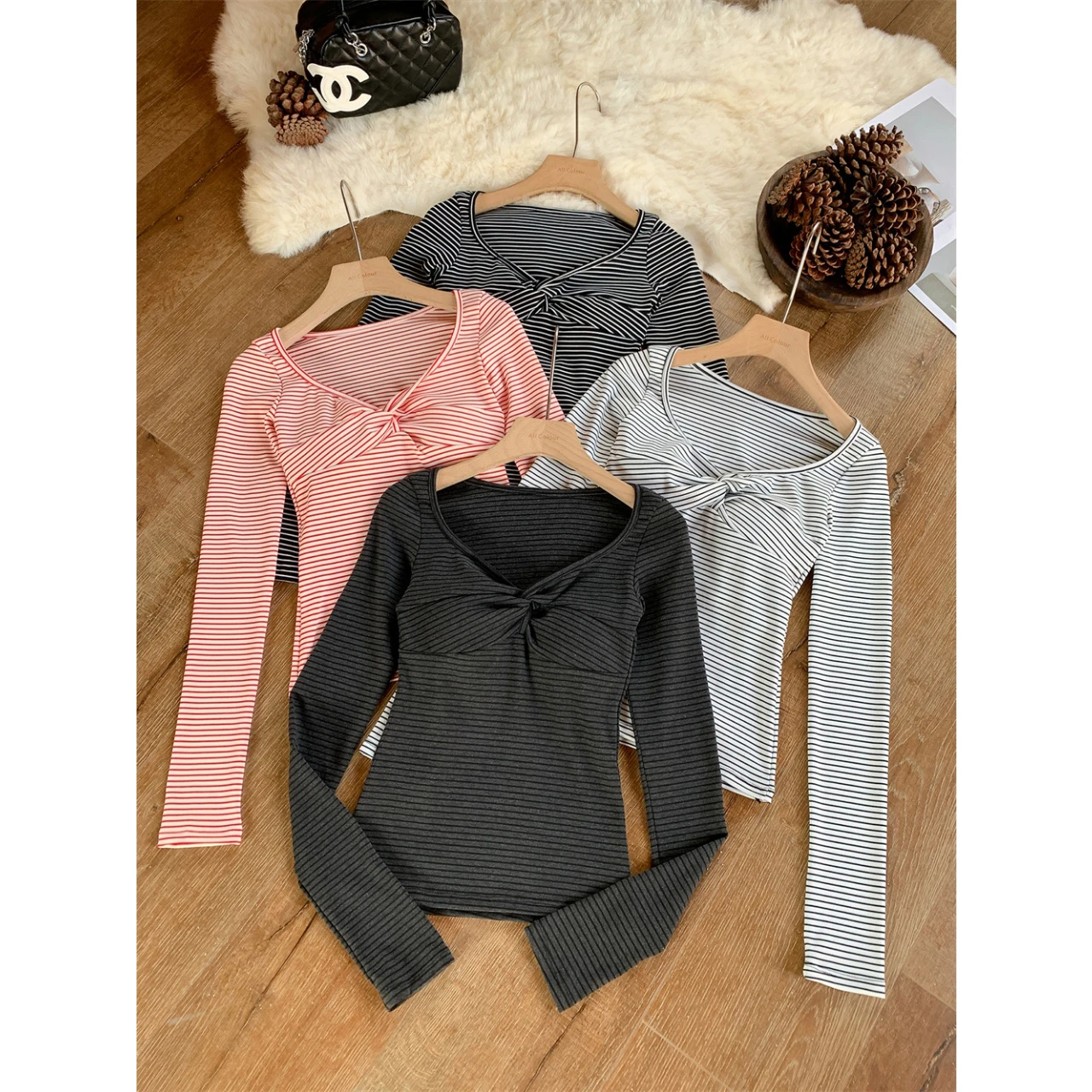 American Style Sexy V-Neck Striped Long Sleeve T-Shirt Women's Knot Waist-Cinching Base Shirt with Chest Pad Short Length