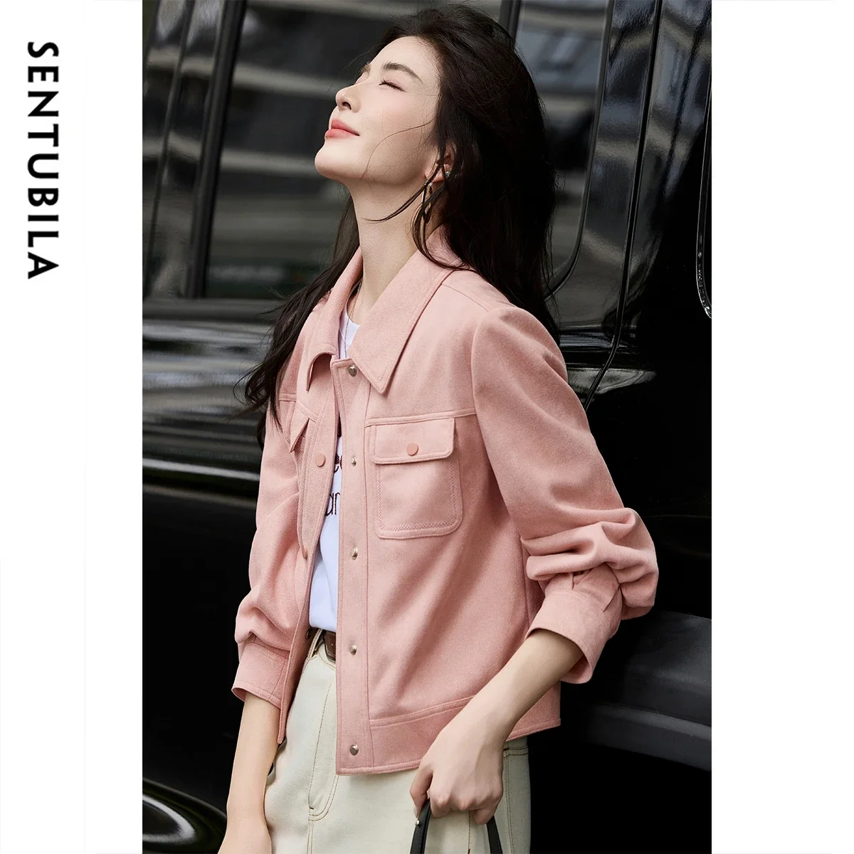 سترة نسائية مخملية من SENTUBILA لخريف 2025 بياقة مقلوبة وأكمام فانوس واحدة الصدر ملابس خارجية قصيرة غير رسمية 153WB2129