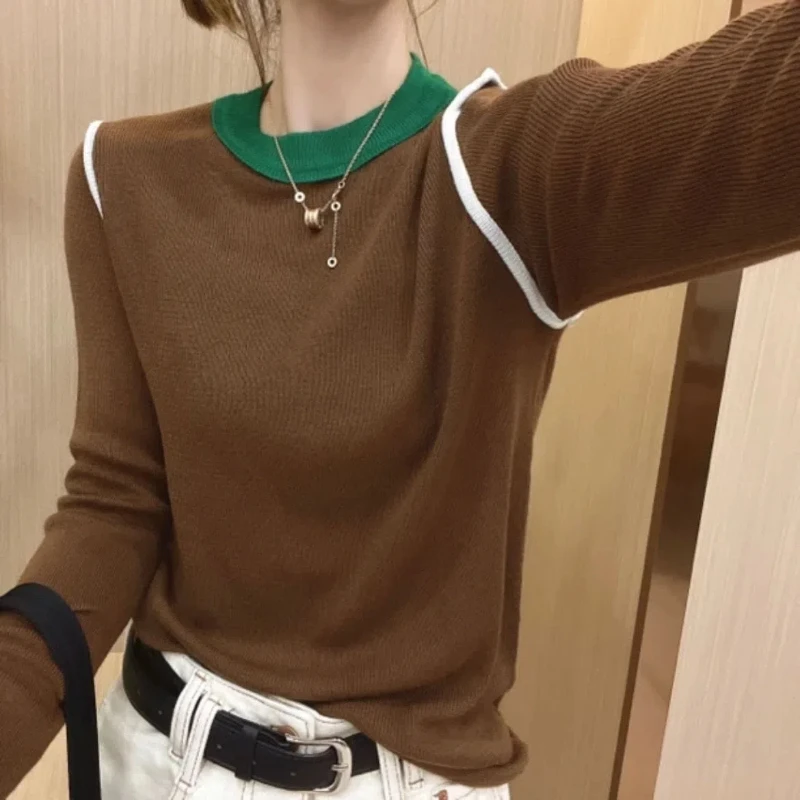 Korean Fashion Autumn/Winter New Sweaters Pullovers Women\'s O-Neck Patchwork Contrast Color Casual All-match Loose Knitted Tops