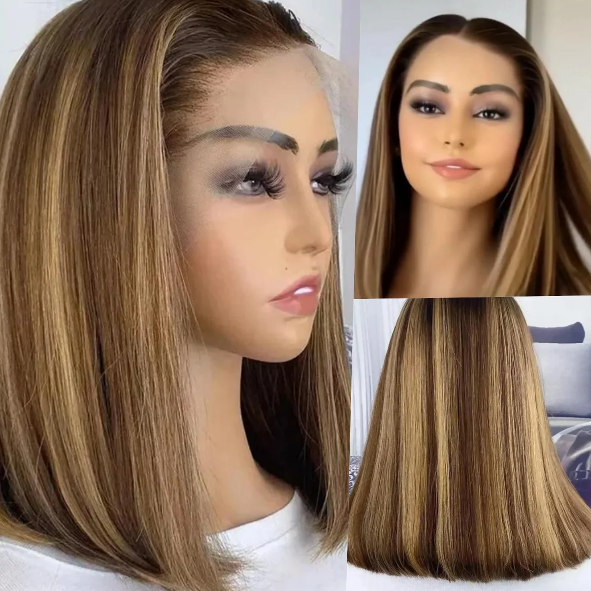 

16 Inches Ombre Highlight Honey Blonde Synthetic Lace Front Wig Heat Resistant Shoulder Length for Daily Party Cosplay Clearance