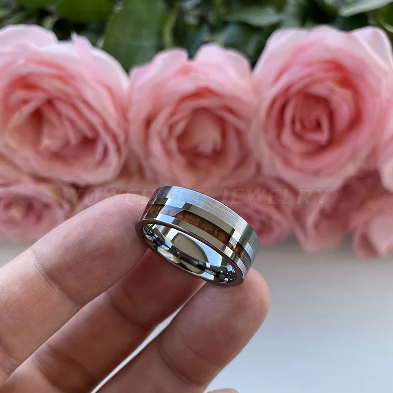 Pip Cut Wood Inlay Tungsten Carbide Ring Men Wedding Band Polished Shiny Comfort Fit Modern for Women Engagement Ring