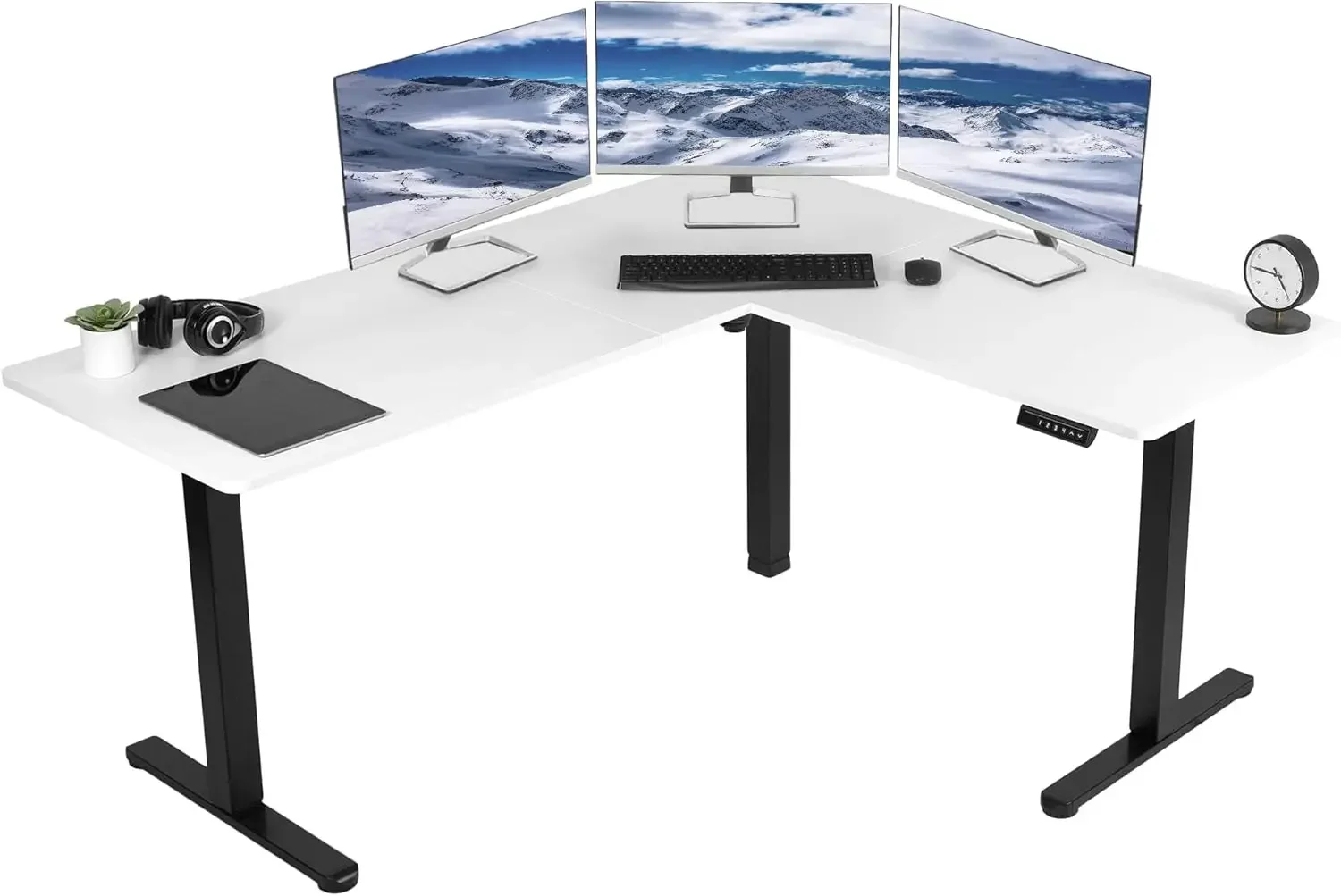 

Electric Height Adjustable 63 x 55 inch Corner Stand Up Desk, White Table Top, Black Frame, L-Shaped Standing Workstation