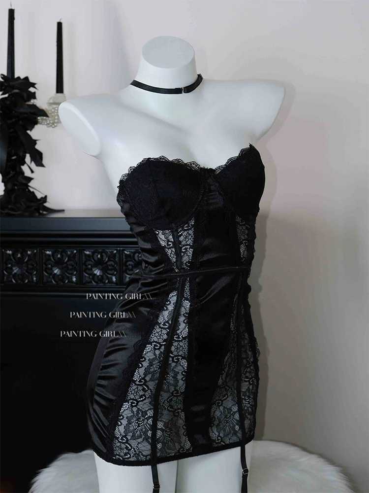

Women's Lace Black Gothic Nightdress Sexy Lace Mini Lingerie Nightwear Bath Robe Gown Nightdress Nightgown Home Dress Clothing