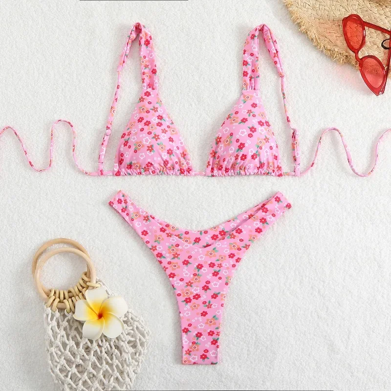 Women\'s Sexy Halter Bikini Sets  Floral Flower Print Bikini Swimsuits Tie Side Triangle Bathing Suits Swimwear