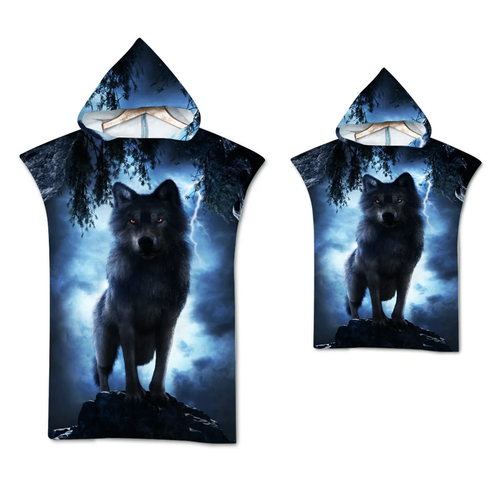 Wolf großes Strand tuch Badet uch schnell trocknende Handtücher Kapuzen mantel Neopren anzug erwachsenes Kind Eltern-Kind Poncho Bademantel zum Schwimmen Surfen – Detail 11