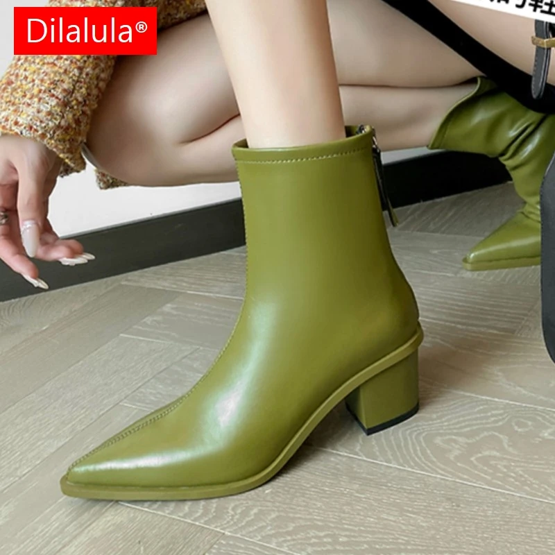 

Dilalula/2026, модные короткие ботинки из натуральной кожи, офисные женские ботильоны с острым носком на высоком толстом каблуке, осенне-зимние ботильоны больших размеров
