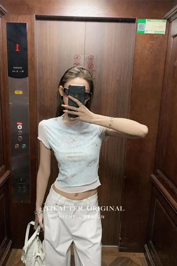 Summer Dopamine Two Piece Mesh Short Sleeved T-shirt Women American Hot Girl Sexy Short Top Unique Beautiful