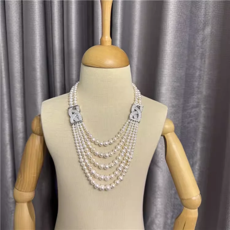 Mulit-layer Cultured Rice Pearl Necklace Silver Plated Connector Jewelry Gifts