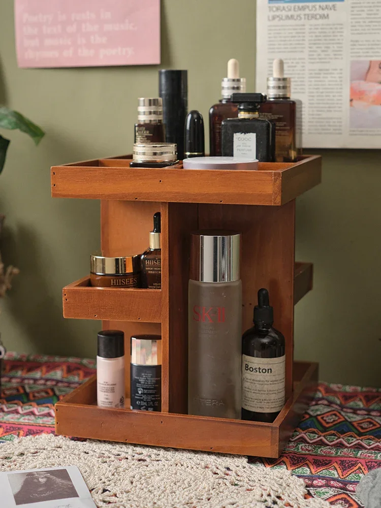 360 degree rotation, wooden makeup storage box, tabletop dresser, skincare products, lipstick organizer, shelves, layering