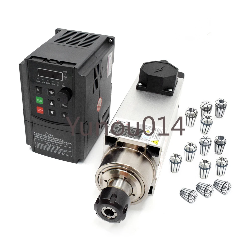 Square Air Cooled Spindle Motor, 220 V, 380V, 18000RPM, + 1.5KW VFD ER20 Collets Kit for CNC Milling Wood Router Engraving 1.5KW