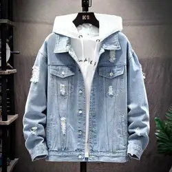 Men Denim Jacket Hooded Ripped Hole Single Breasted Coats Spliced Outerwear Jackets Pockets Casual Loose Washed Distressed