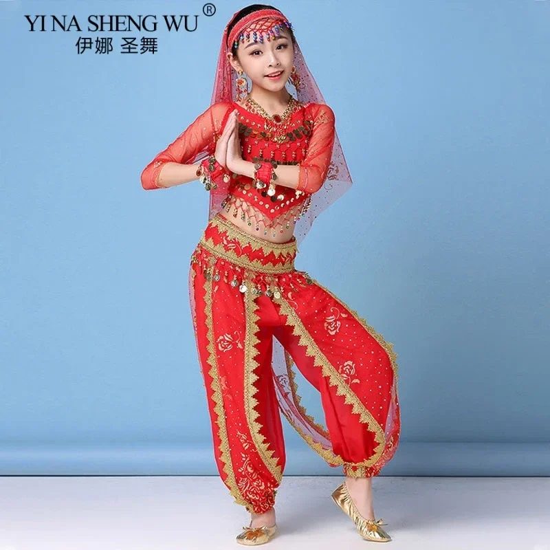 Children Belly Dance Indian Costume Set Sari Girls Dance Performance Chiffon Bollywood Outfit Children Indian Dance Costumes Set