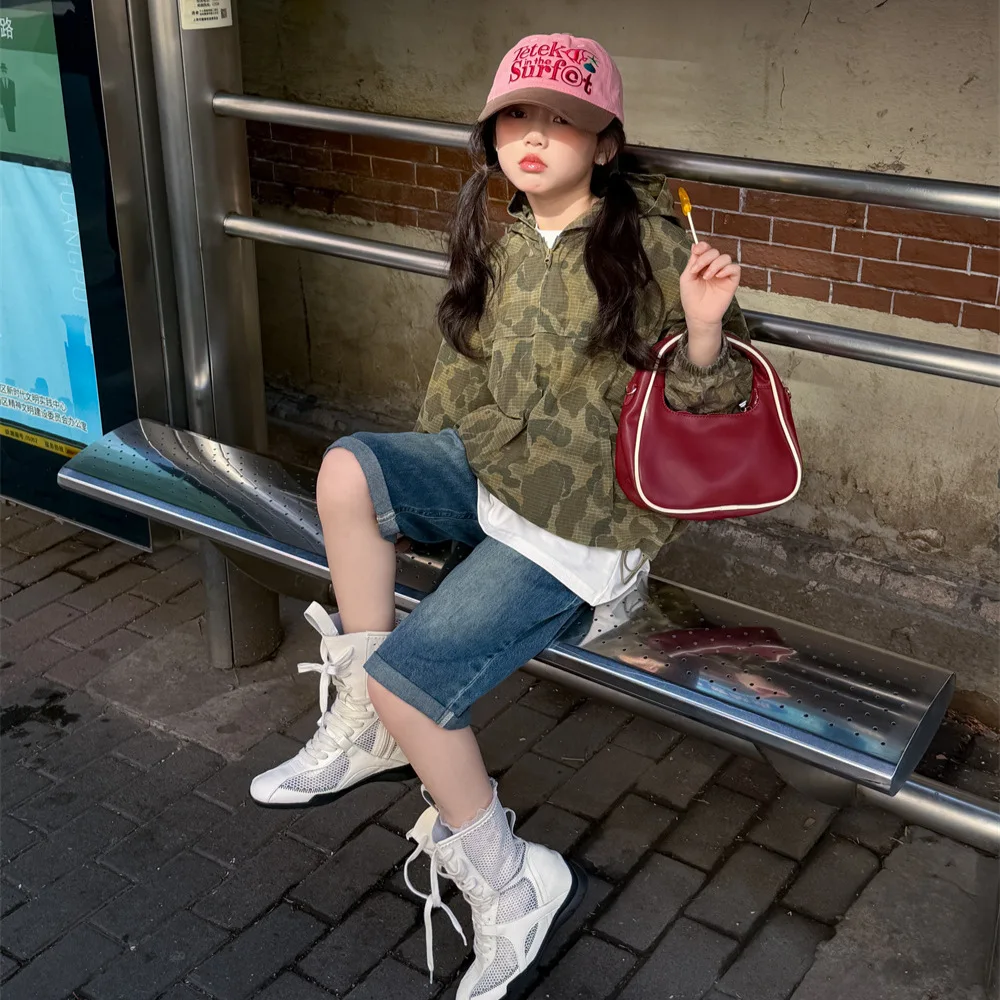 Girls' Casual Shorts Spring 2026 Denim Crimped Design Loose Children's Five-point Pants