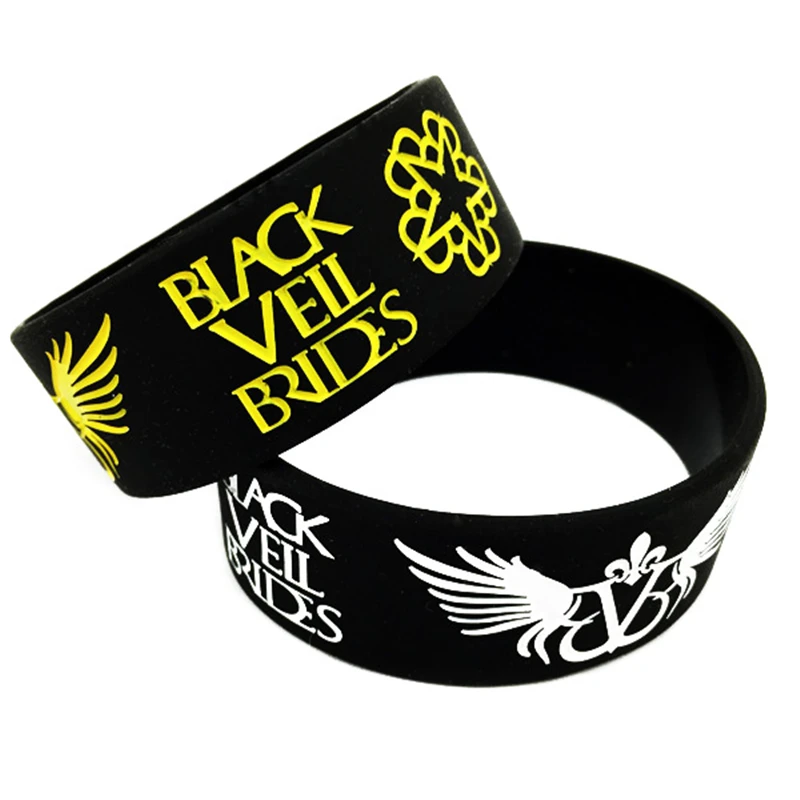 1 PC Black Veil Brides Silicone Bracelet 1 Inch Wide Band Logo With Angel Wings Wristband for Men and Women