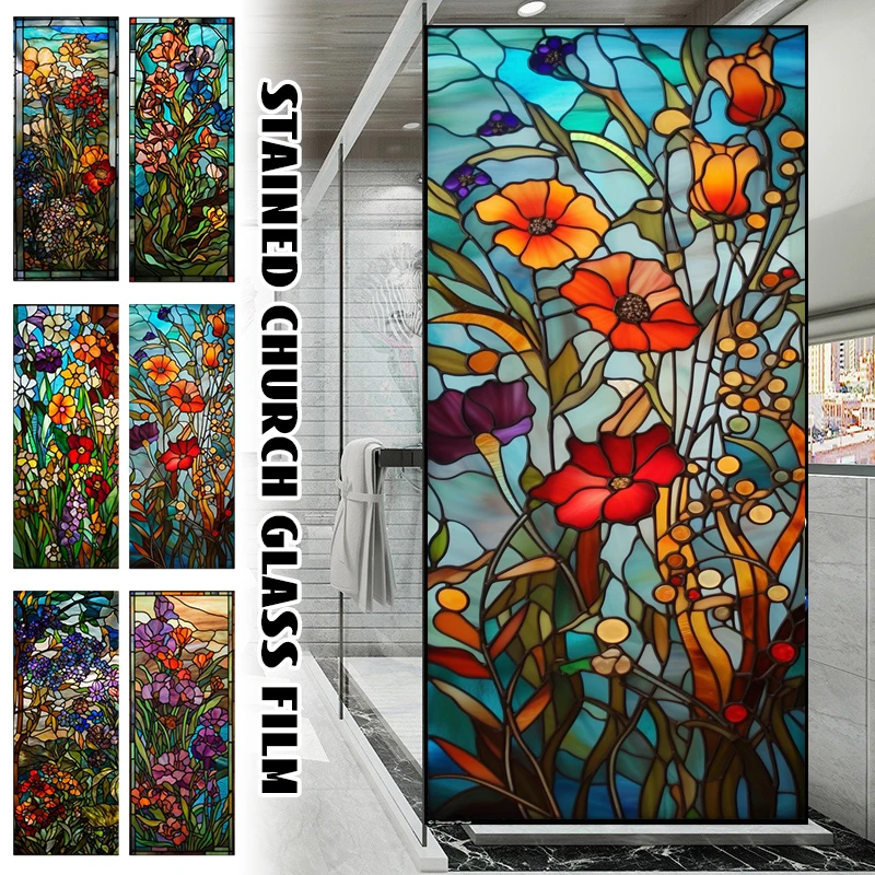 

Colorful Church Stained Glass Window Film Static Cling Opaque Frosted Privacy Stickers Protection Home Decor Window Films