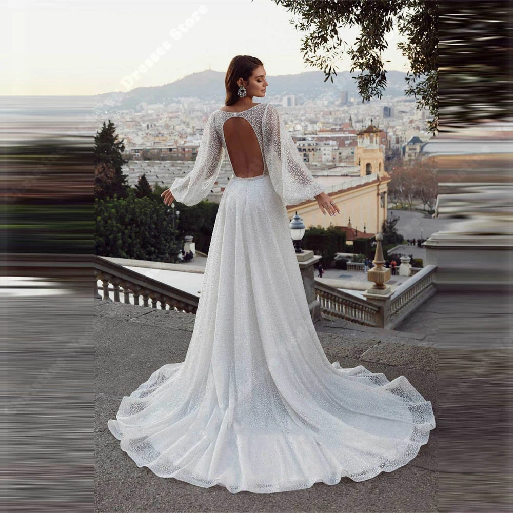 Newest  Simplicity Tulle Women Bridal Gowns A-Line Long Sleeves Mopping Length Princess Wedding Dresses Formal Beach Party Robes