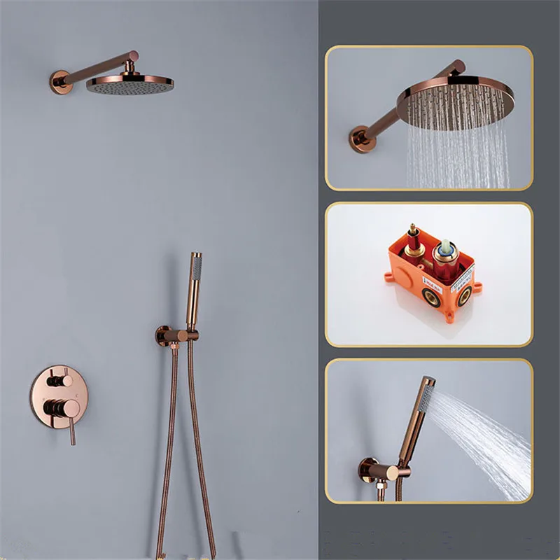 

Tuqiu Rose Gold Brass Bathroom Shower Faucet Valve Faucet Set With 8-12 Inch Round Shower Head Bathroom Wall Shower Kit