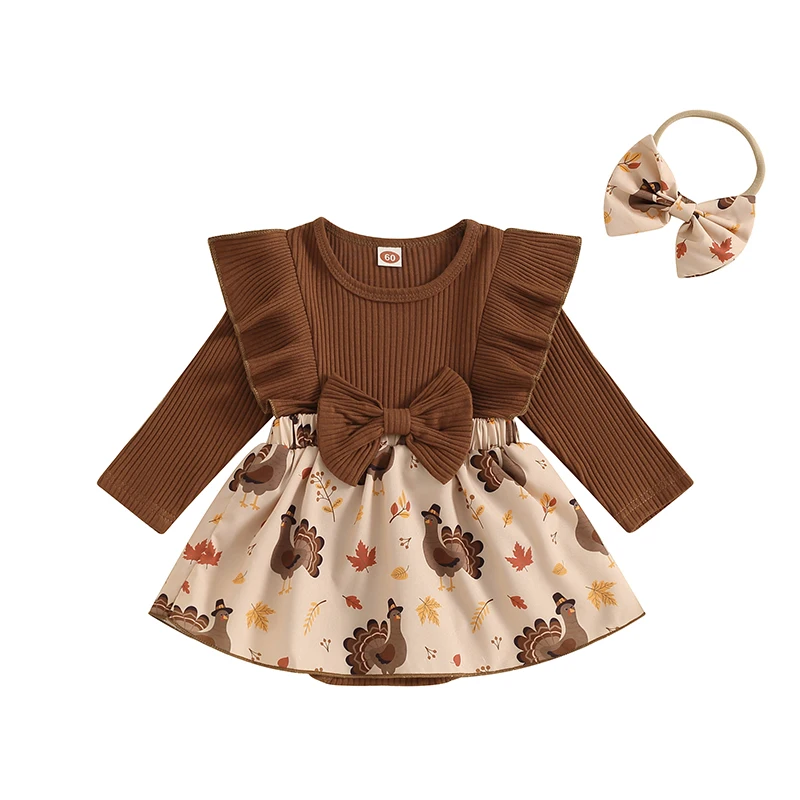 

Baby Girl Thanksgiving Outfit Newborn Romper Dress Ribbed Ruffle Skirt Hem Jumpsuit Cute Fall Clothes+Headband