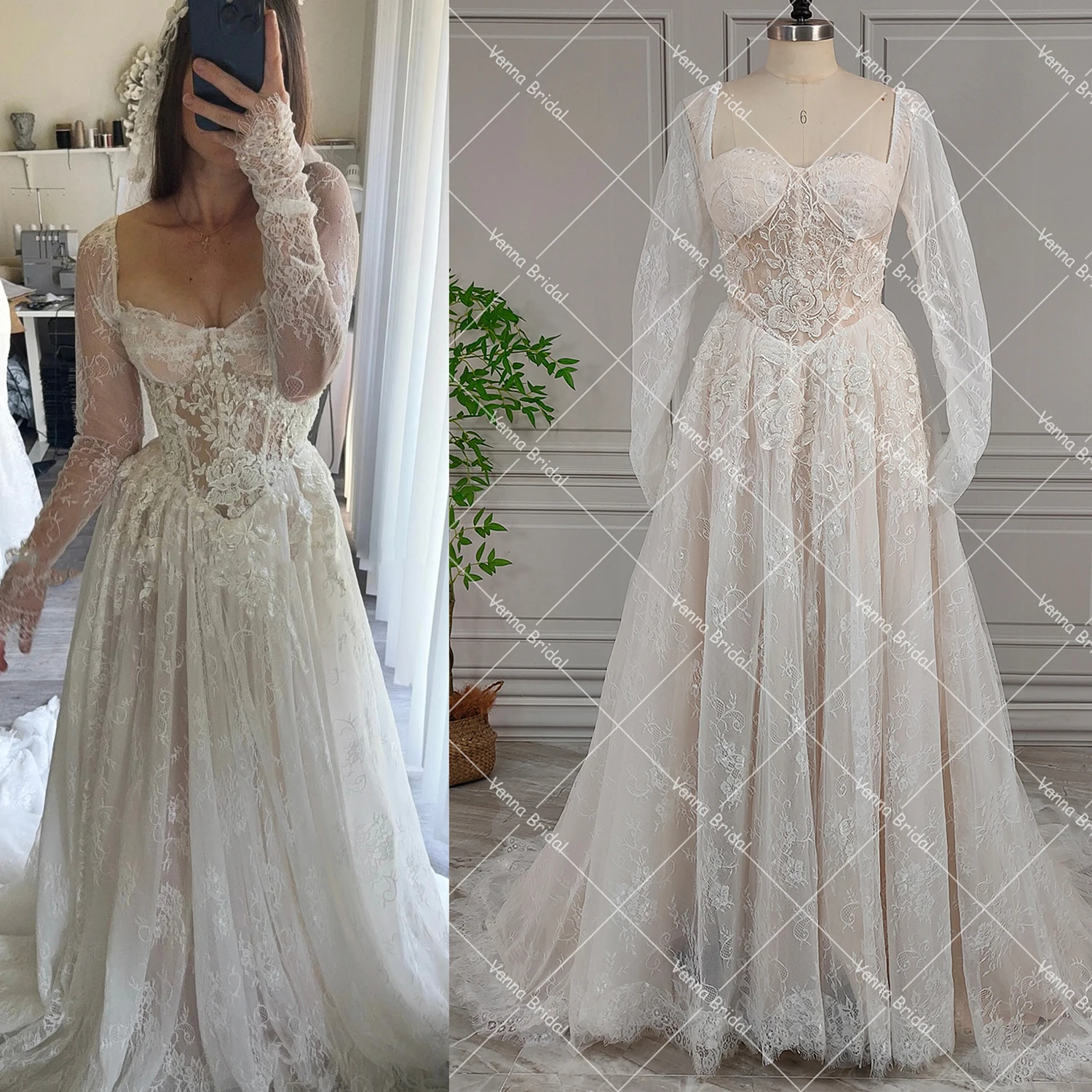 A Line Long Sleeves Custom Made Lace Wedding Dress V-Shaped Waist Corset Adjustable Back Real Pictures Customized Bridal Gowns