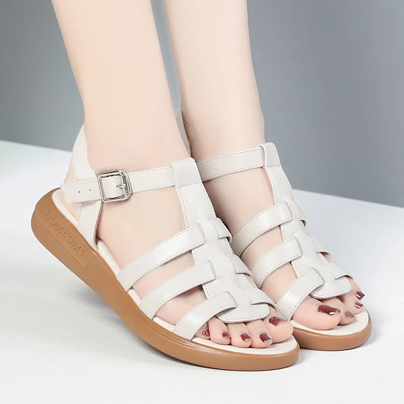 2026 Genuine Leather Women Sandals Round Toe Low Heel Summer Women Shoes Roman Black Shoes for Women Handmade Shoes