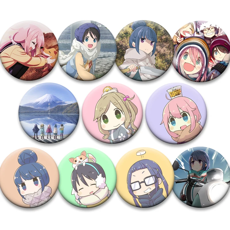 Broches de Anime Yuru Camp, Insignias de Laid Back Camp, Pins de Dibujos Animados de Kagamihara Nadeshiko, Shima Rin, Ogaki Chiaki, Inuyama Aoi para Decoración de Bolsos