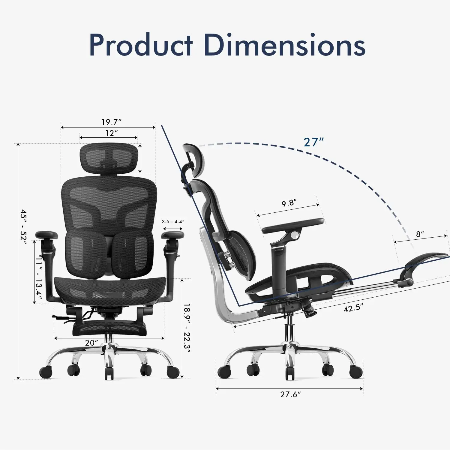 Ergonomic Office Chair Dual Zone Adaptive Lumbar Support Adjustable Seat Depth 5 Position Backrest 6D Armrests 90 145 Reclining