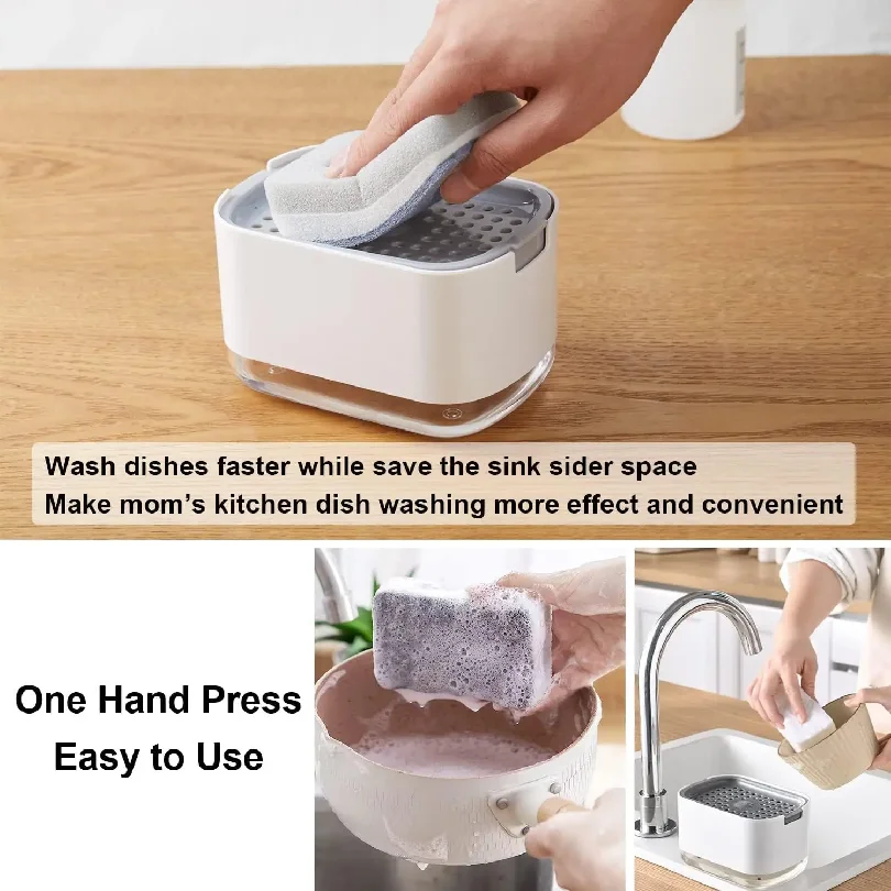 Soap Dispenser Box Press Dispenser Scrubbing Liquid Container Kitchen Bathroom Automatic Detergent Foam Box with Sponge Holder
