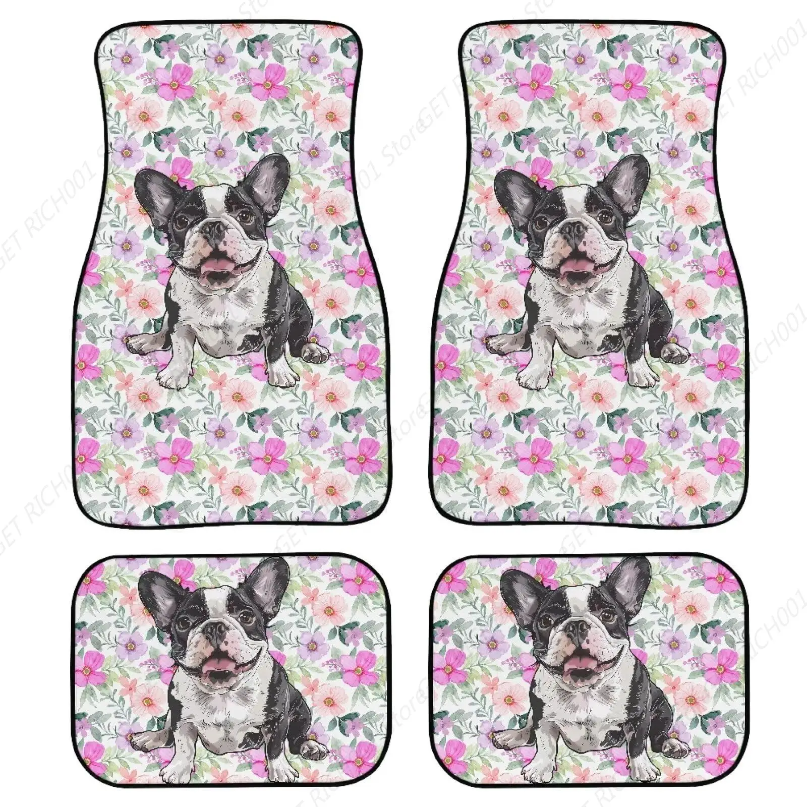 Boston Terrier Flower Print Car Floor Mat Carpet Sets For Men, Automotive Floor Mat 4pcs Car Foot Mat Waterproof All Weather