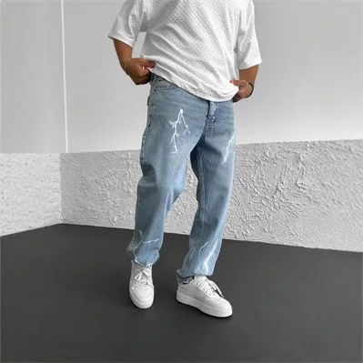 

Men's Printed Color Loose plus Size Jeans Casual Long Pants mid Waist Zipper Fly Cotton 00% Straight Leg Jeans