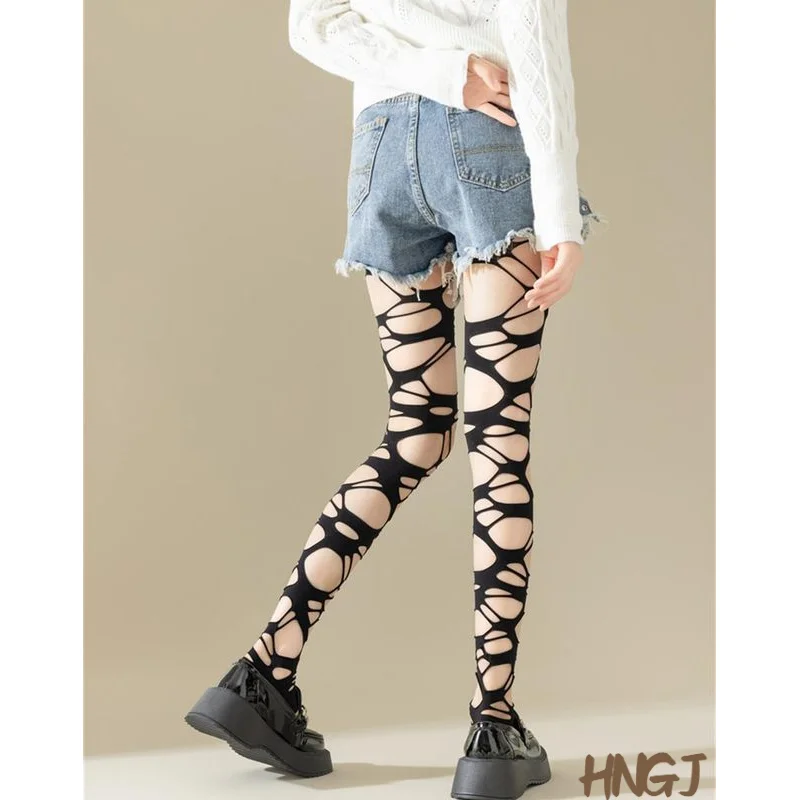 

2026 Fashion Women's Black Ripped Fishnet Tights Gothic Punk Hollow Out Mesh Pantyhose Egirl Streetwear Stockings Leggings
