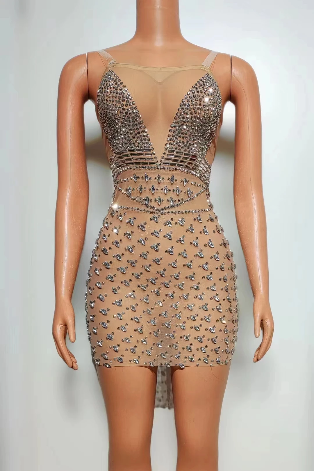 

Luxurious Crystals Rhinestones Sexy BacklessMesh Mini Dress Women Celebrate BirthdayParty Singer Club Stage Performance A550