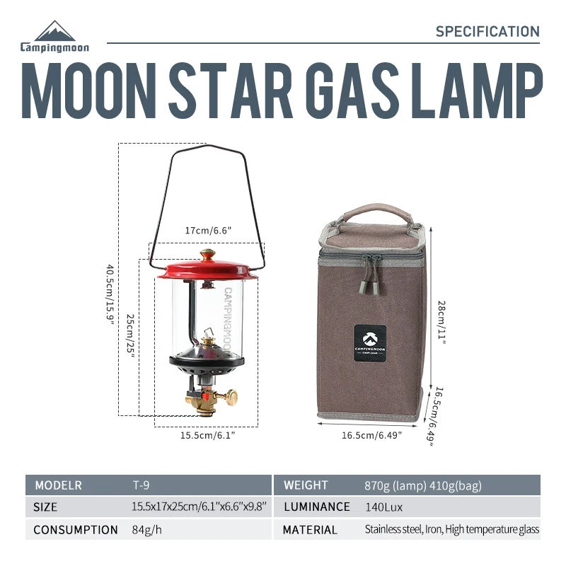 

CAMPINGMOON Новинка T-9 T-9-S: Ветрозащитная портативная газовая лампа-фонарь из алюминиевого сплава на бутане с сумкой