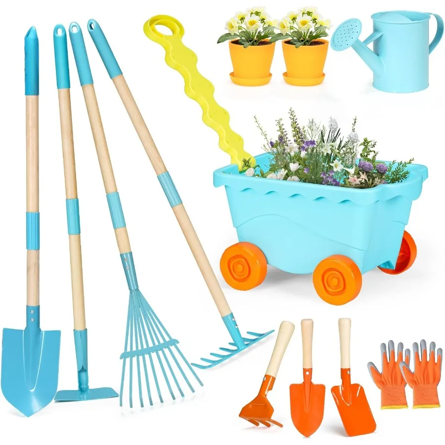 Conjunto de ferramentas de jardinagem com carrinho de mão, brinquedo educacional ao ar livre, pá, ancinho, regador, praia, jardim, quintal, fazenda, brinquedos de escavação fo