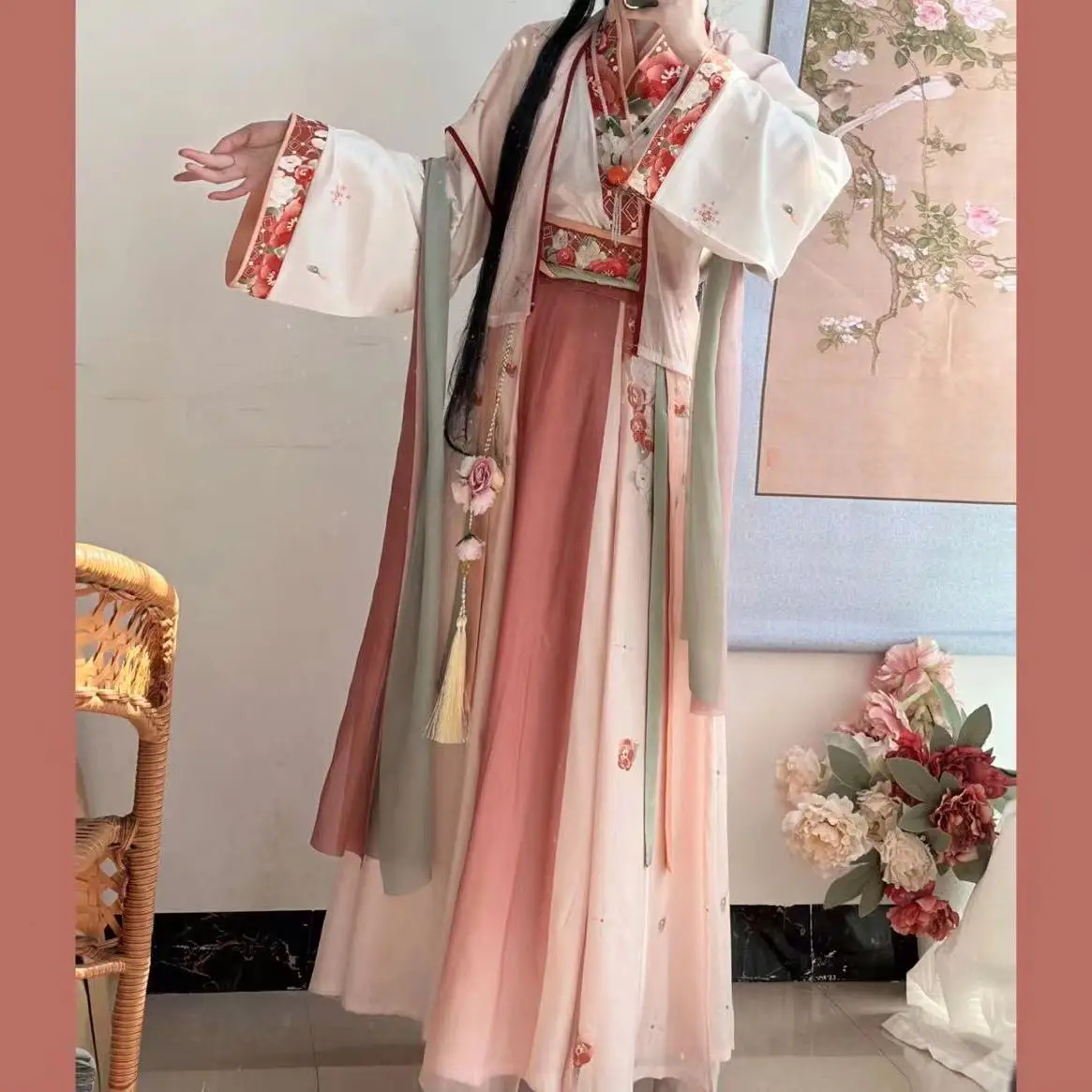 Jupe Ke Zi de la dynastie chinoise des chansons, robe de performance sur scène Hanfu, robe brodée RapIndustry, longueur de la taille intégrée, manches longues larges