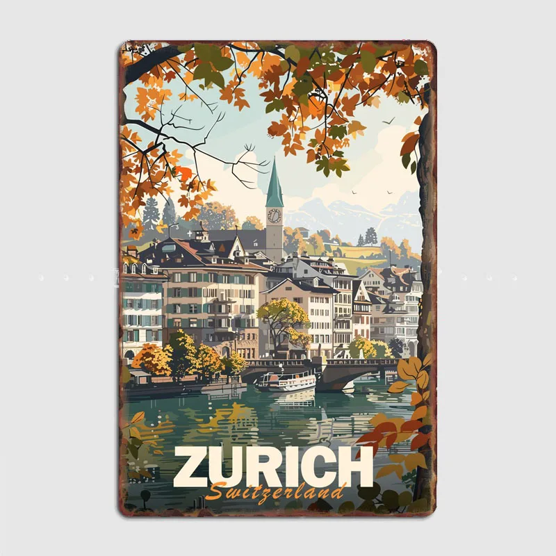 Zurich City Travel Scenery Sights Retro Poster Metal Sign Garage Club Indoor Room Decor Wall Decor Custom Tin Home Decor