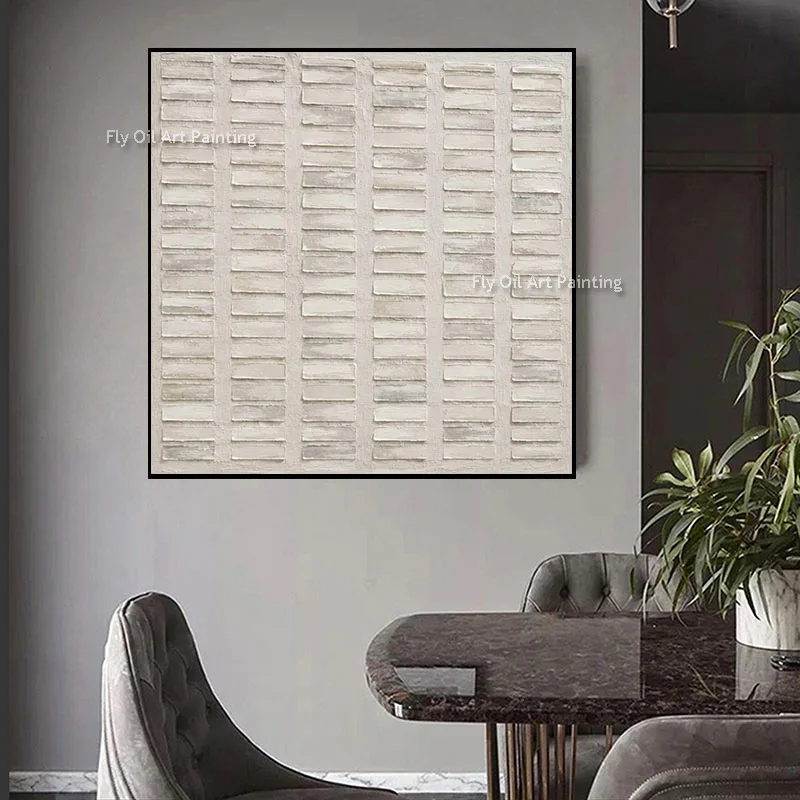 Hand‑Painted Mark Rothko Style Off‑White Brick‑Grid Canvas Art, Relief Textured Square Abstract Oil Painting for Living Space