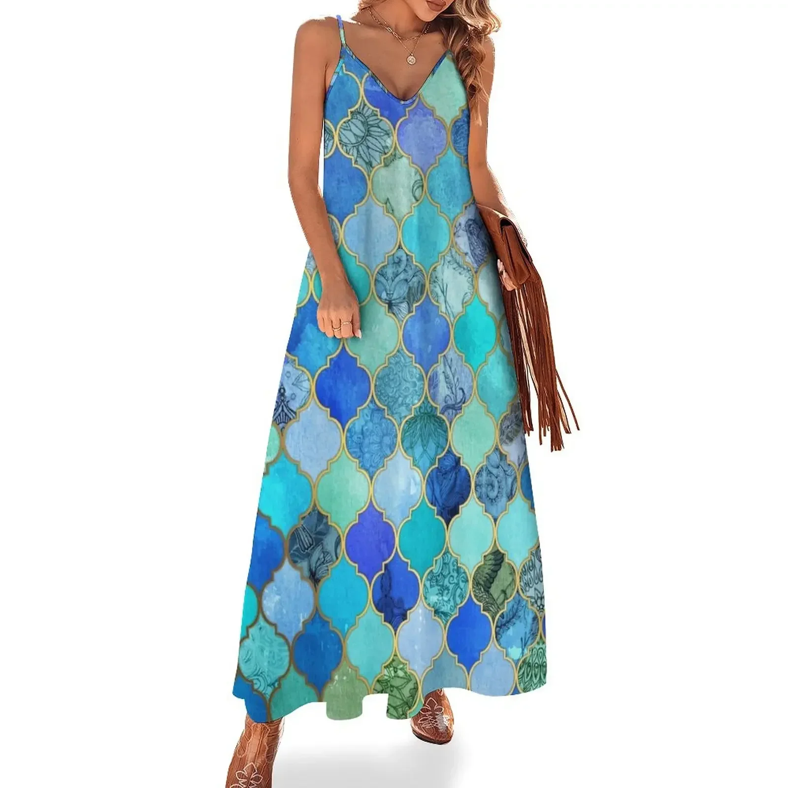 

Cobalt Blue, Aqua & Gold Decorative Moroccan Tile Pattern Sleeveless Dress wedding dresses for parties Beachwear Dress