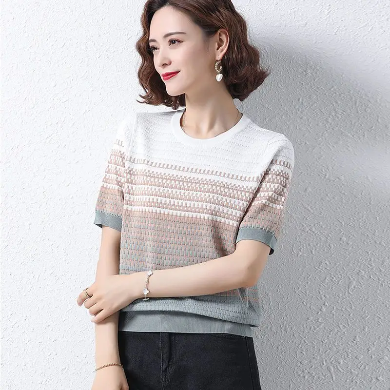 Elegant Fashion Harajuku Slim Fit Female Clothes Loose Casual Sweat All Match Tops Women Patchwork Stripe Short Sleeve T-shirts