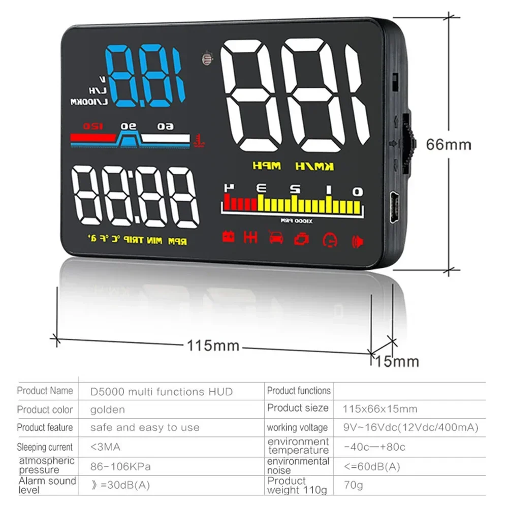 Outil de diagnostic D5000 OBD2, compteur de vitesse, affichage HUD, budgétaire d'écran de pare-brise, affichage tête haute de voiture, alarme de sécurité numérique