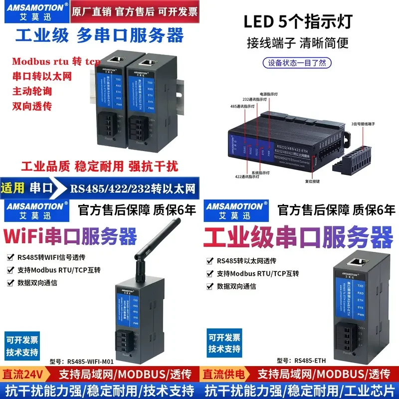 Aimoxun RS485/232/422 to Ethernet Modbus RTU to TCP transparent transmission module serial server