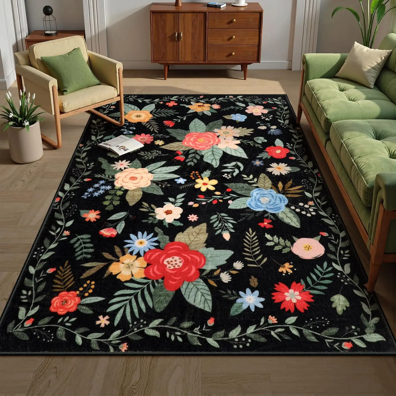 Black Floral Kids Rugs for Playroom, Cottage Core Rug for Bedroom Dorm Aesthetic,Low Pile Printed Floor Whimsical Carpet for