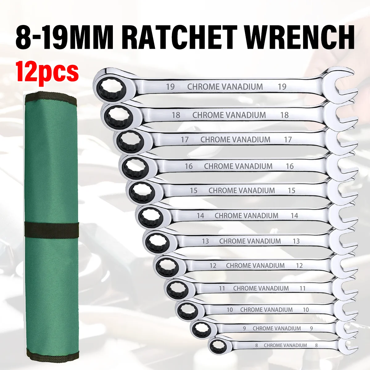 12pcs Ratchet Spanner Wrench Set Metric Combination Ratcheting Spanners 8-19mm