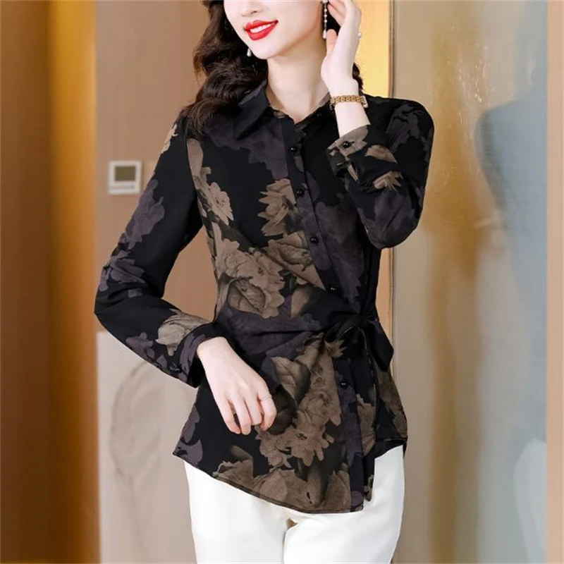 Women Vintage Floral Print Irregular Designer Chic Shirts Office Lady Elegant Fashion Slim Blouse Casual Long Sleeve Tops Blusas