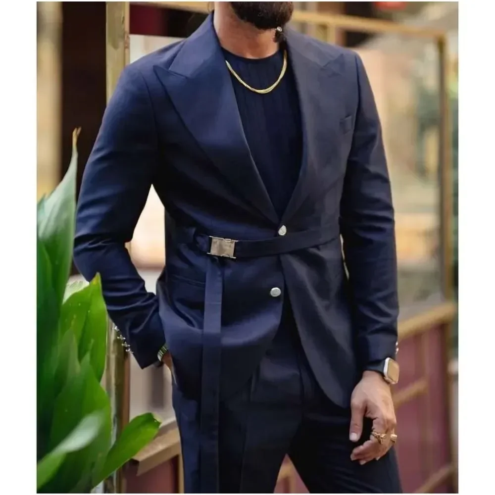 Buckle Men Suits With Metal Button Belt Peaked Lapel Business 2 Piece Fashion Casual Wedding Groom Tuxedo Blazer Jacket+Pant