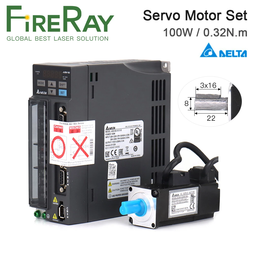 FireRay 100W AC Servo Motor Driver Kits 0.32N.m 3000rpm B2 Series ASD-B2-0121-B+ECMA-C20401GS with 3m Cable